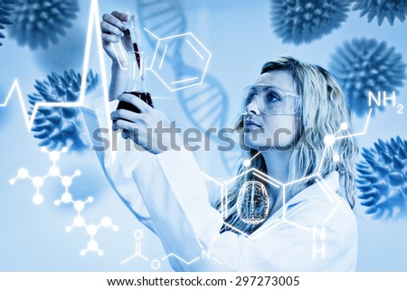 Science graphic against woman looking at beaker of red liquid