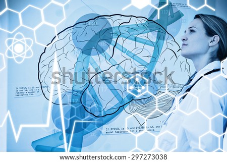 Doctor consulting brain interface against science graphic