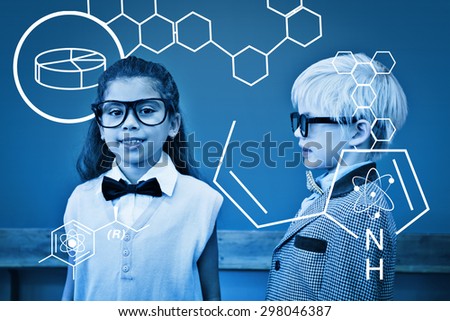 Science graphic against cute pupils dressed up as teachers in classroom
