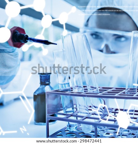 Protected female scientist dropping blue liquid in a test tube against science graphic