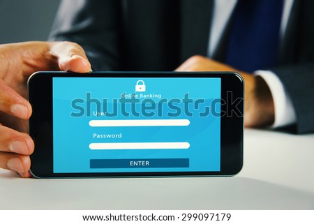 Businessman using smartphone against online banking