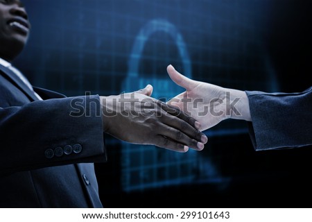 Businessman going shaking a hand against digital security lock