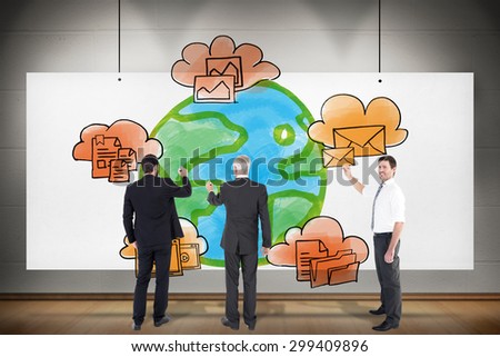 Business team writing against poster hung and exhibited like art