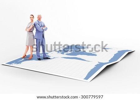Serious businessman standing back to back with a woman against world map