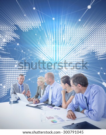 Business team having a meeting against glowing world map on black background