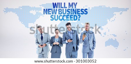 Employees using their mobile phone against blue world map on white background