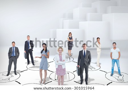 Business team against abstract white design