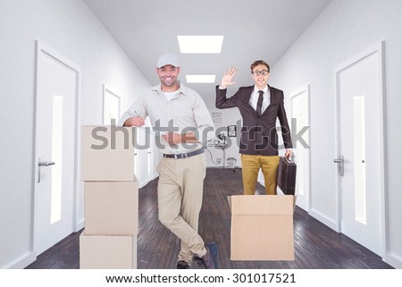 Delivery man with clipboard leaning on cardboard boxes against doodle office in hallway