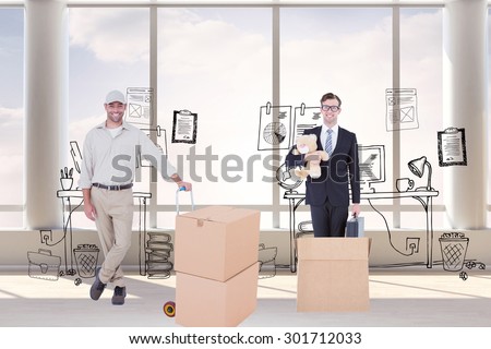 Confident delivery man with cardboard boxes against doodle office with beside window