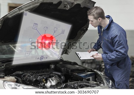Engineering interface against mechanic with clipboard examining car engine