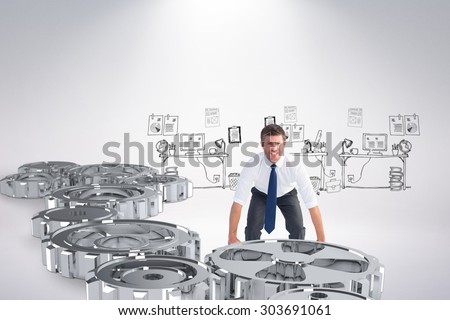 Businessman bending and lifting against doodle office