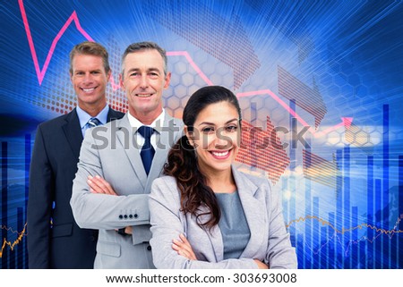 Happy business team standing in a line against stocks and shares