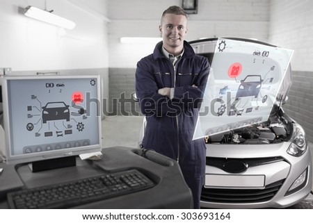 Engineering interface against mechanic next to a car and a computer