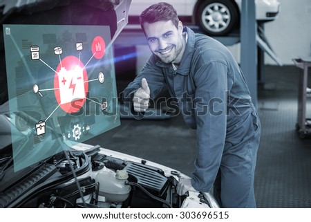 Engineering interface against mechanic examining under hood of car