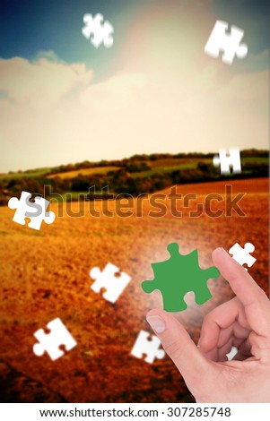 Businessman measuring something with his fingers against golden fields