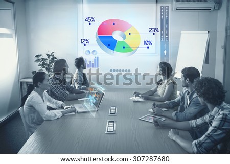 Percentages graphical representation against attentive business team following a presentation