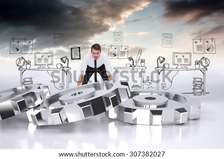 Elegant businessman lifting up something heavy against cogs and wheels