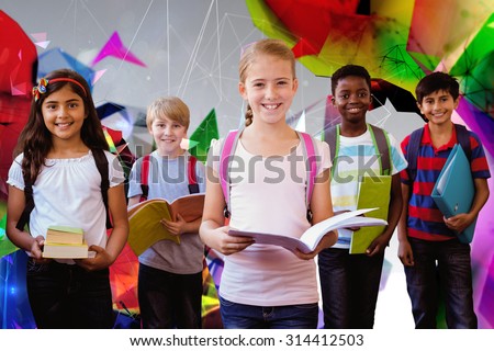 Smiling little school kids in school corridor against angular design