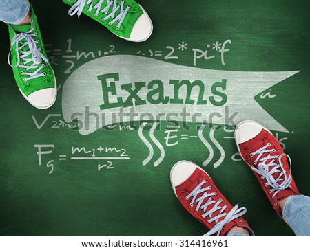 The word exams and casual shoes against green chalkboard