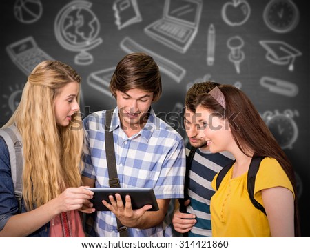 Students using digital tablet at college corridor against black background