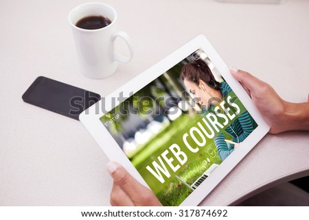 Woman using tablet pc against web course ad