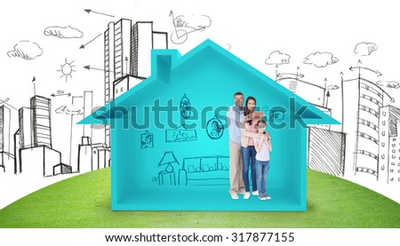 Happy family embracing each other over against house shape with living room sketch