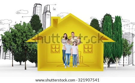Happy family with grocery bags against house shape with living room sketch