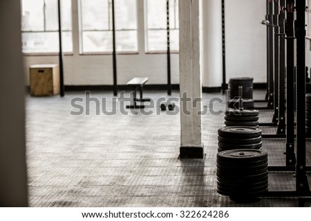 Barbell disc plates arranged in the gym