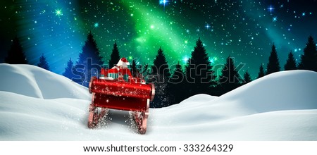Santa flying his sleigh against aurora shimmering over forest at night