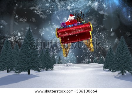 Santa flying his sleigh against blue snow flake pattern design