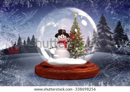 Digitally generated Christmas tree and snowman in snow globe