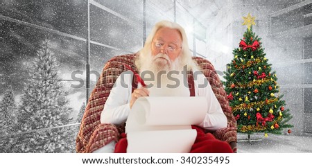 Father christmas writing list with a quill against home with christmas tree