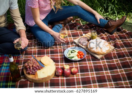 High angle view of couple holding wineglasses while sitting by food on picnic blanket