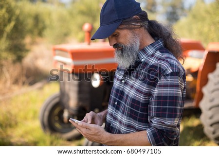 Man using mobile phone in olive farm on a sunny day