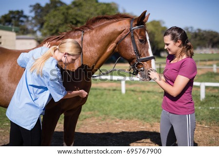 Female vet with woman checking horse while standing on field