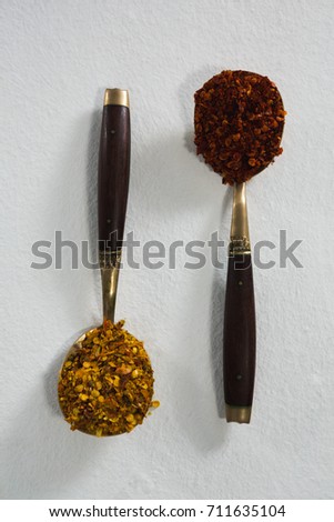 Close-up of green and red spices on spoon