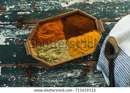 Overhead view of various spice powder in wooden tray