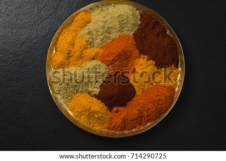 Overhead of spices powder in plate