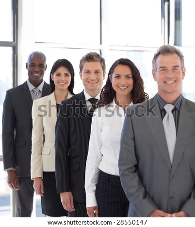 business team from different cultures looking at camera