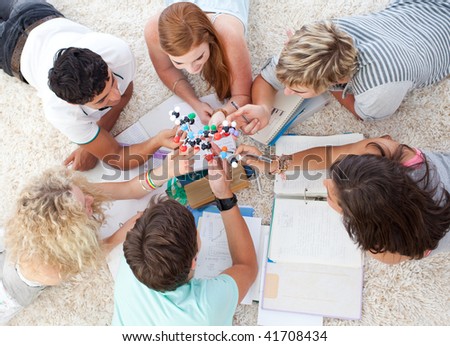 Teenagers studying Science on the floor in a house