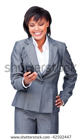 Young hispanic businesswoman sending a message isolated on a white background