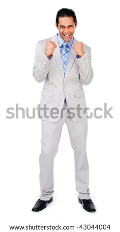 Happy businessman punching the air in celebration against a white background