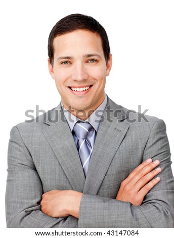 Positive businessman with folded arms against a white background