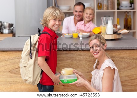 Attentive mother packing the school lunch to his son in the kitchen