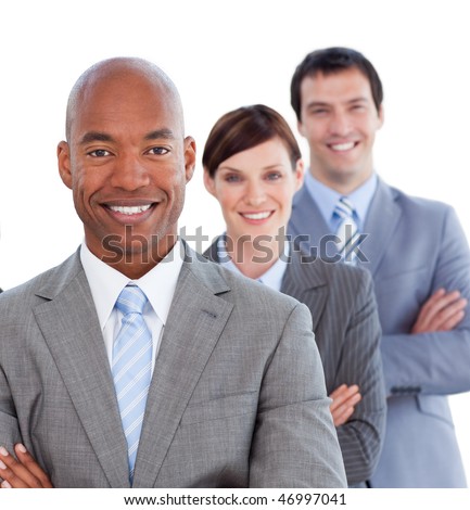 Portrait of positive business team against a white background