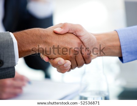 Close-up of business partners shaking hands in a meeting