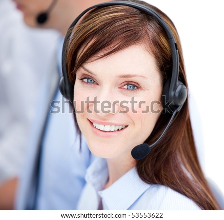 Portrait of caucasian businesswoman with headset on against white background
