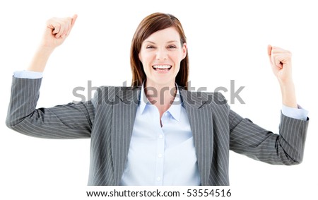Nice businesswoman punching the air against a white background