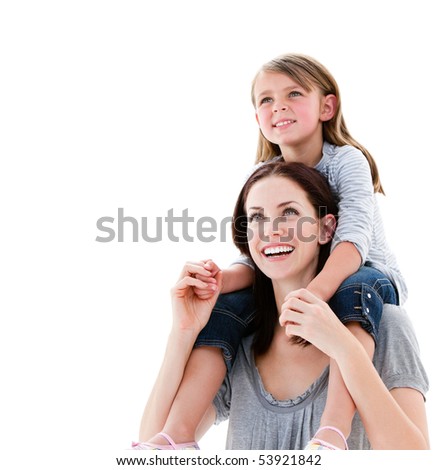 Cheerful mother giving piggyback ride to her daughter against a white background