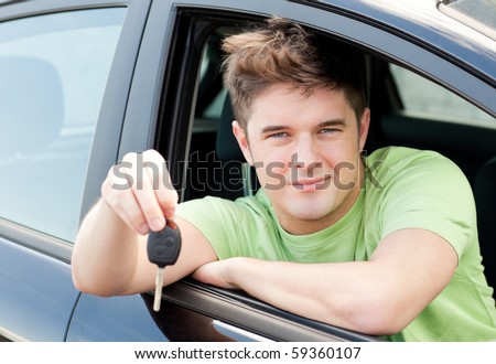 Animated caucasian man holding a car key sitting in his car
